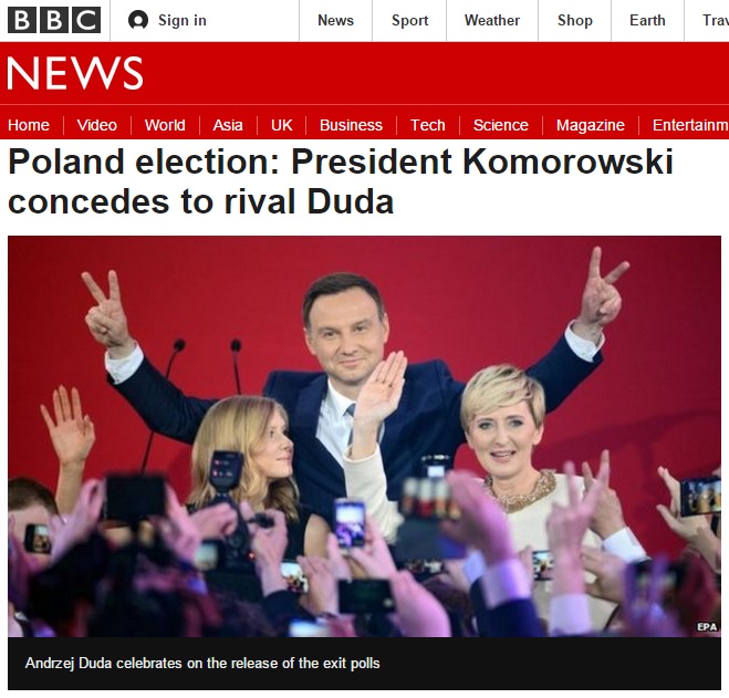 폴란드 대선의 안드레이 두다 후보 당선을 보도하는 BBC 뉴스 갈무리. 