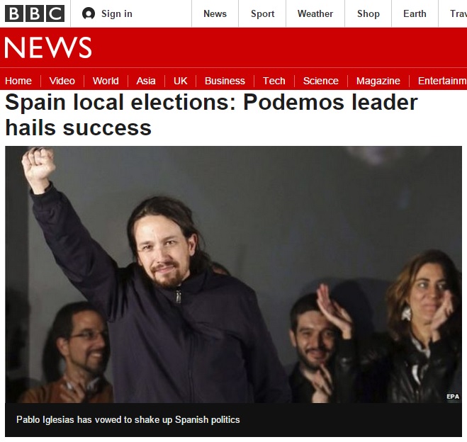 스페인 지방선거에서 신생 좌파정당 '포데모스'의 돌풍을 보도하는 BBC 뉴스 갈무리.