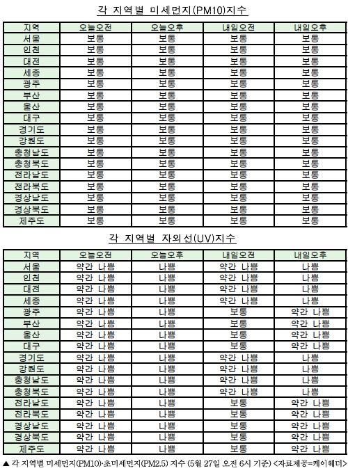  주요 지역별 미세먼지 농도