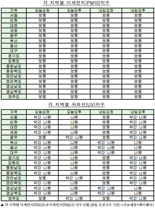  주요 지역별 미세먼지 농도