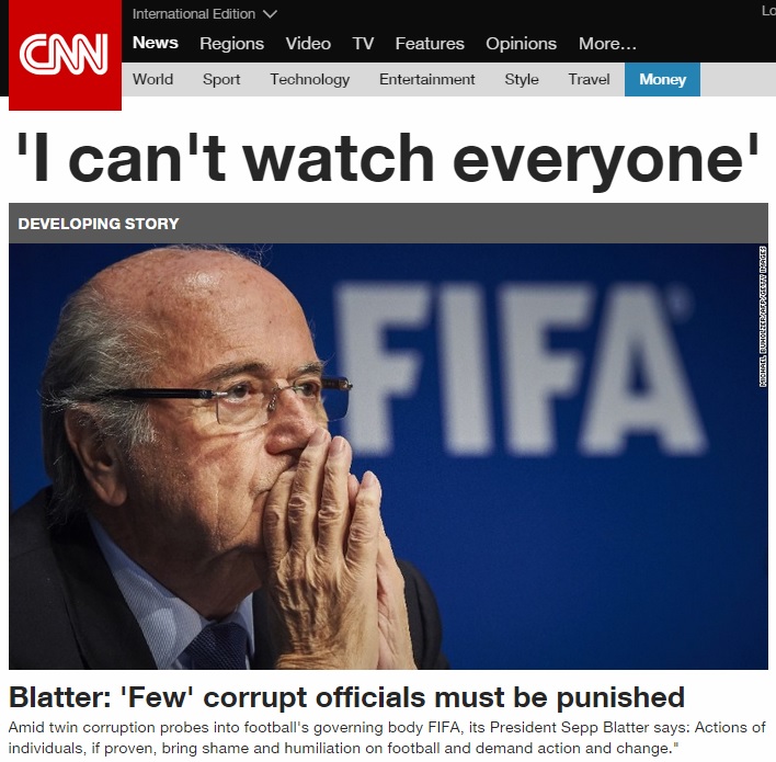  미국 사법 당국의 국제축구연맹(FIFA) 비리 수사를 보도하는 CNN 뉴스 갈무리.