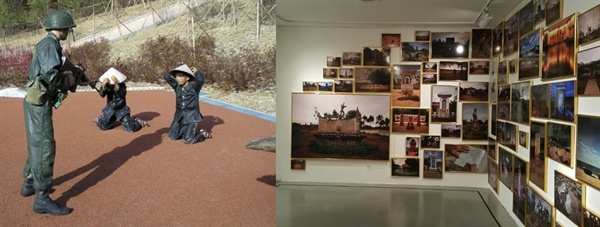 한국의 ‘월남 파병용사 만남의 장’에 설치되었다가 해체된 무릎 꿇린 베트콩 실물 모형(위 왼쪽)과 사진가 이재갑씨가 찍은 베트남의 ‘한국군 증오비’ 사진들(위 오른쪽)은 하나의 전쟁에 대한 서로 다른 두 가지 기억을 상징적으로 보여준다. 