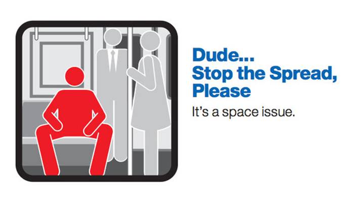 지하철에서 다리를 벌리고 앉는 '맨스프레딩'을 하지 말자는 뉴욕 트로폴리탄교통공사(MTA) 캠페인 포스터. 