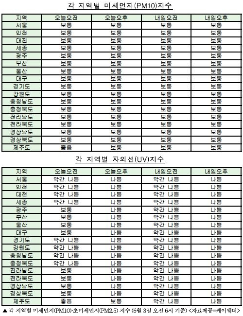  주요 지역별 대기질 농도