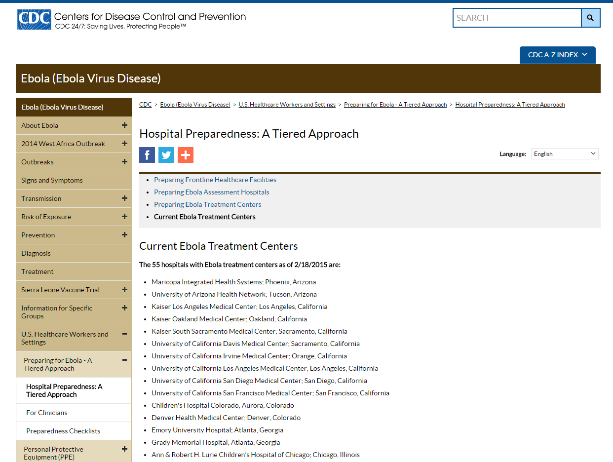 미국 질병통제예방센터가 인터넷에 공개한 에볼라 치료병원 명단. 