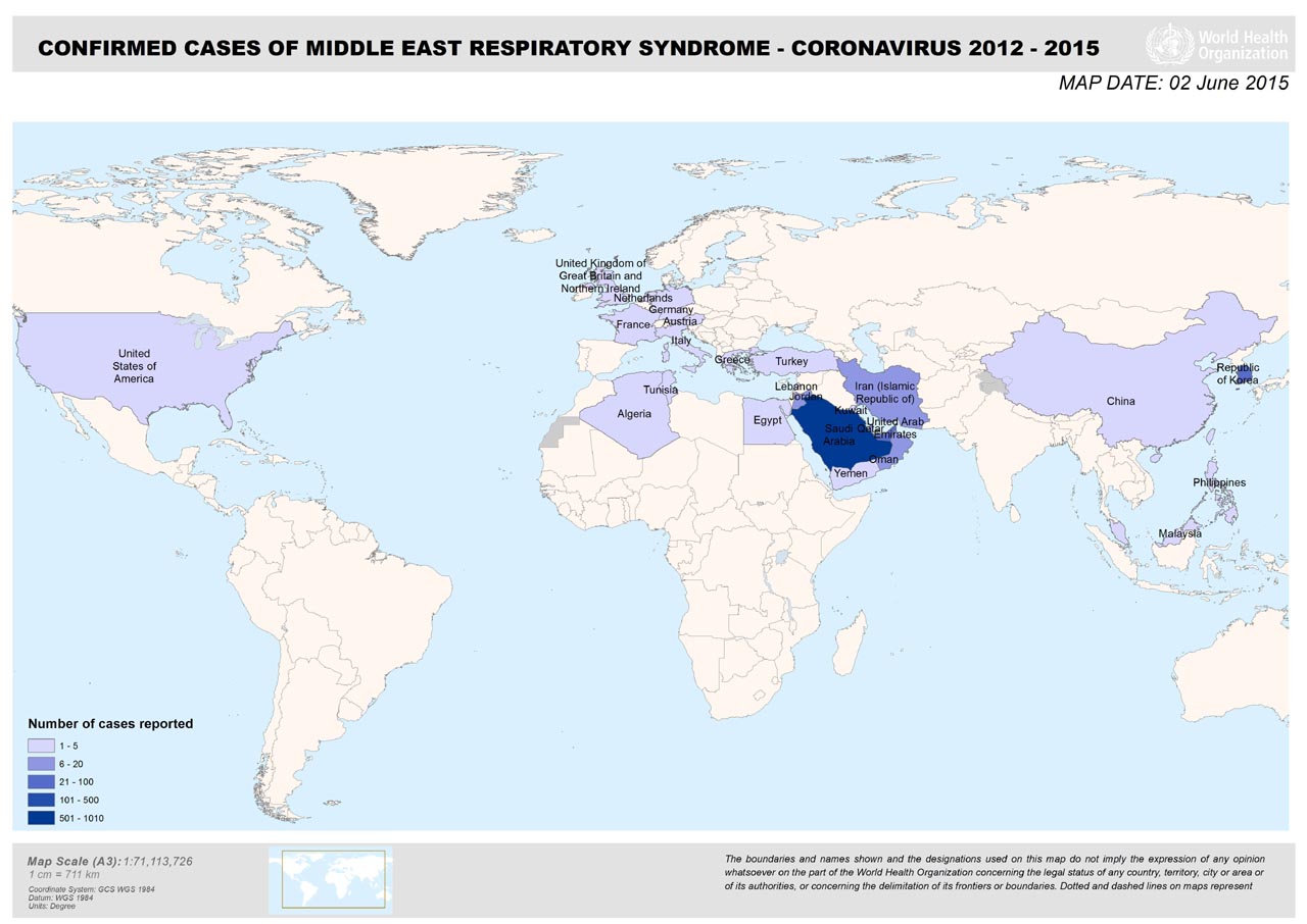 세계보건기구가 공개한 2015년 6월 현재 메르스 발병 세계지도
