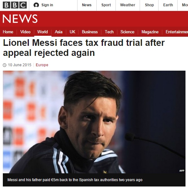  리오넬 메시의 법정 출두 확정을 보도하는 영국 BBC 뉴스 갈무리.
