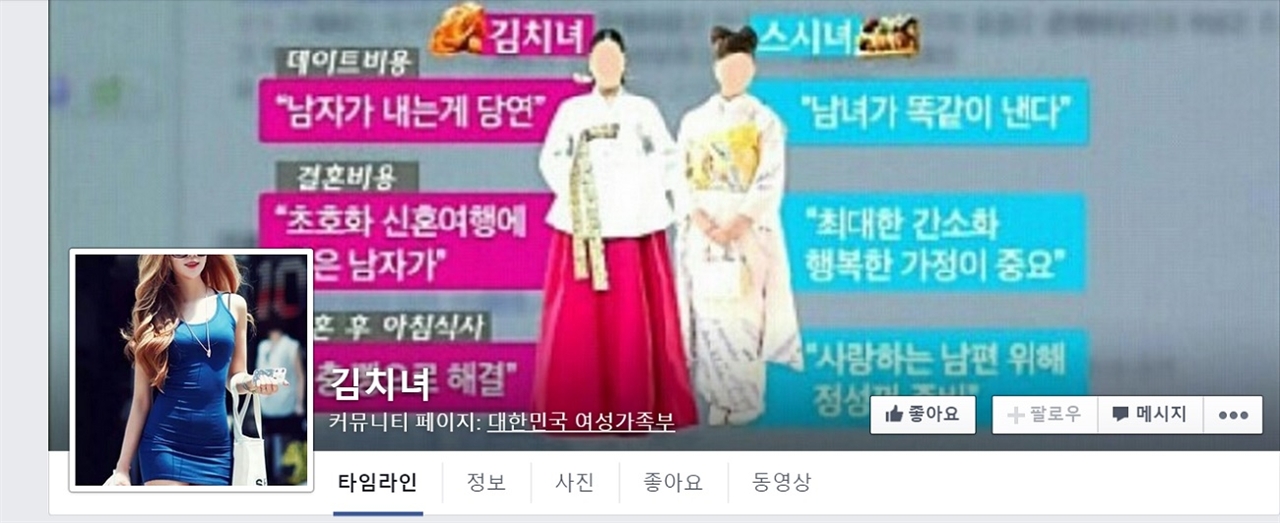 페이스북 '김치녀' 페이지 메인 화면. 여성 비하의 내용이 주로 담겼다.