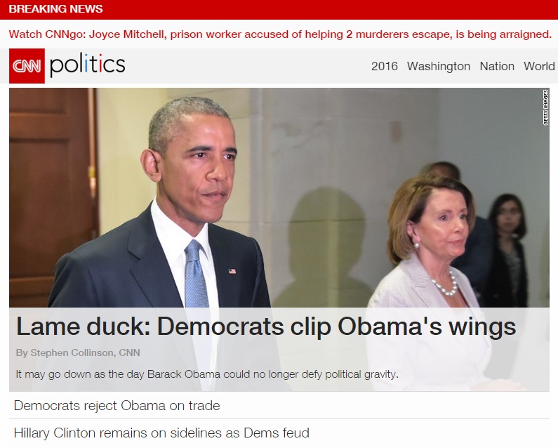 미국 하원의 오바마 행정부 무역협정 부결을 보도하는 CNN 뉴스 갈무리.