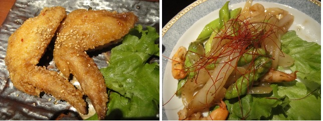 　　닭 날개가 닭 다리만큼 큽니다. 닭 날개 튀김은 일본 사람들이 가장 좋아하는 먹거리 가운데 하나입니다. 오른쪽 사진은 푸성귀 볶음입니다.
