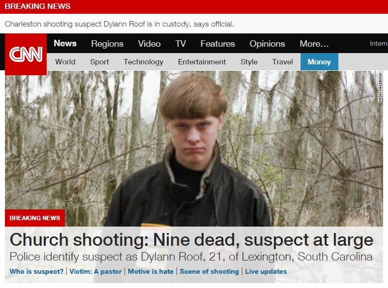 미국 사우스캐롤라이나주의 한 흑인 교회에서 발생한 총기 난사 사건을 보도하는 CNN 뉴스 갈무리.
