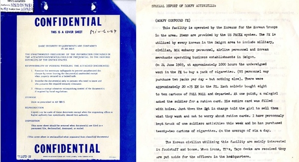 ‘Chronology of Actions of ROKFV’(주월한국군 활동의 연대기)에는 '주월한국군 활동에 대한 특별 보고서'가 포함돼 있다. 1968년 11월 29일자의 이 보고서는 MACV J-1(인사담당) 부참모장이 참모장에게 보고한 것으로 표지(위왼쪽 사진)에 'Confidential'(기밀) 표시가 찍혀 있다. 위오른쪽 사진은 한국군의 각종 부정행위를 조사한 특별 보고서의 첫 페이지로 보고서에는 미군 PX 물품 및 군수품 빼돌리기, 한국군 전용기 및 상륙함을 이용한 밀수품 블랙 마켓 등 각종 부정행위에 가담한 미군과 한국군 장교 명단이 첨부돼 있다.