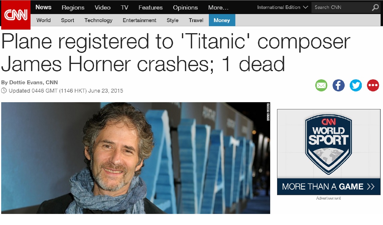  현지 시각 23일, 영화 음악 작곡가 제임스 호너가 비행기 사고로 사망했다. 속보로 소식을 전한 CNN 누리집.