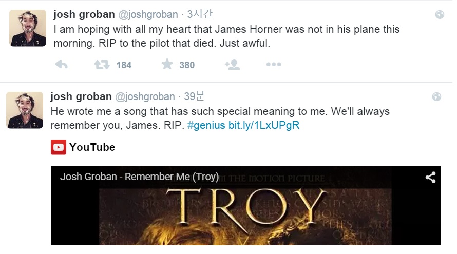  제임스 호너의 사망 소식에 애도를 표한 가수 조쉬 그로반의 트위터 글.