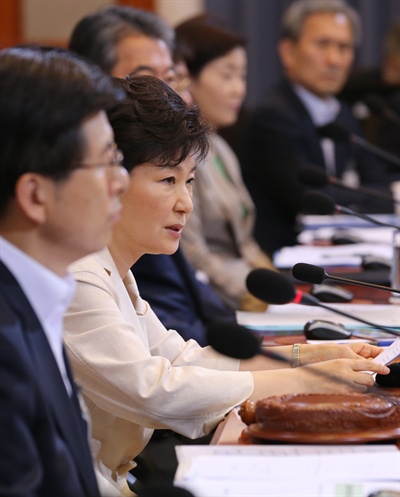 박근혜 대통령이 25일 청와대에서 열린 국무회의에서 국회법 개정안에 대해 거부권을 행사할 것이라고 발언하고 있다.