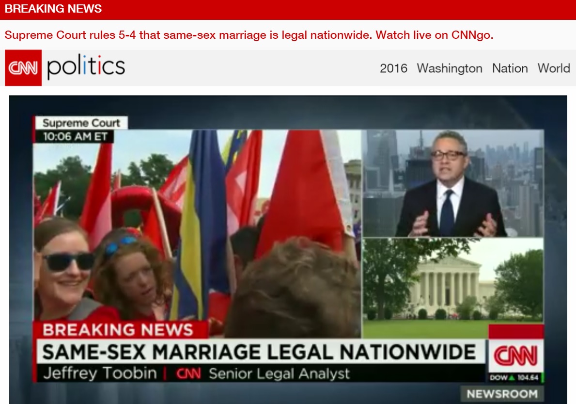 미국 연방대법원이 50개 주에서 동성결혼 합법화 판결을 내렸다고 보도하는 CNN 기사.