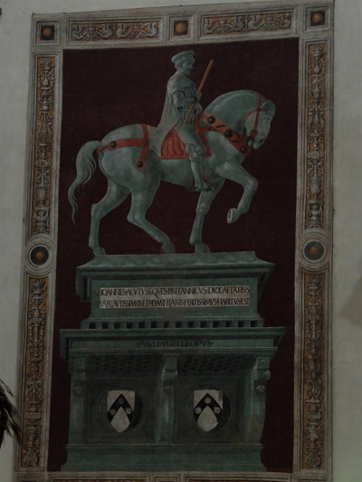파울로 우첼로, '존 하쿠드의 기마상' 피렌체, 산타 마리아 델 피오레 성당. 1364년 피렌체와 시에나 사이에 벌어졌던 ‘카시나 전투’를 승리로 이끈, 잉글랜드 용병 대장, 존 하쿠드의 기마상입니다.