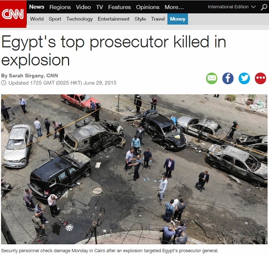 차량 폭발 사고로 사망한 바라카트 이집트 검찰총장을 보도하는 <CNN> 뉴스 갈무리.