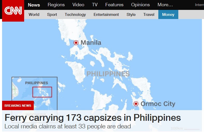 필리핀에서 발생한 선박 전복 사고를 보도하는 CNN 뉴스 갈무리.