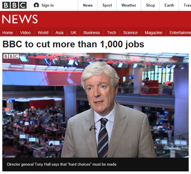 1천 명 이상의 직원 감축을 발표하는 영국 BBC 뉴스 갈무리.