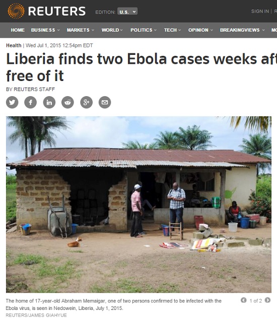 '에볼라 종식'을 선언한 라이베리아에서 에볼라 환자가 다시 발생했단 소식을 전하는 <로이터> 갈무리