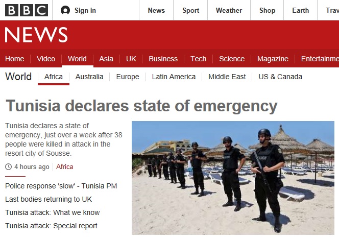 튀니지의 국가 비상사태 선포를 보도하는 BBC 뉴스 갈무리.