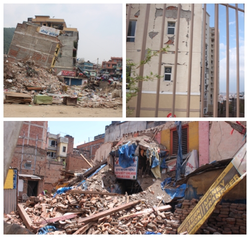 사진 위 두장의 사진은 눈에 보이는 인간이 만든 재해에 증거이고 사진 아래는 카트만두 왕궁광장에 오래된 집이 무너진 잔해다. 