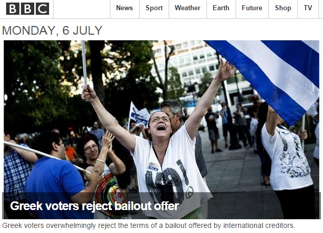 그리스 긴축정책 찬반 국민투표 결과를 보도하는 BBC 뉴스 갈무리.