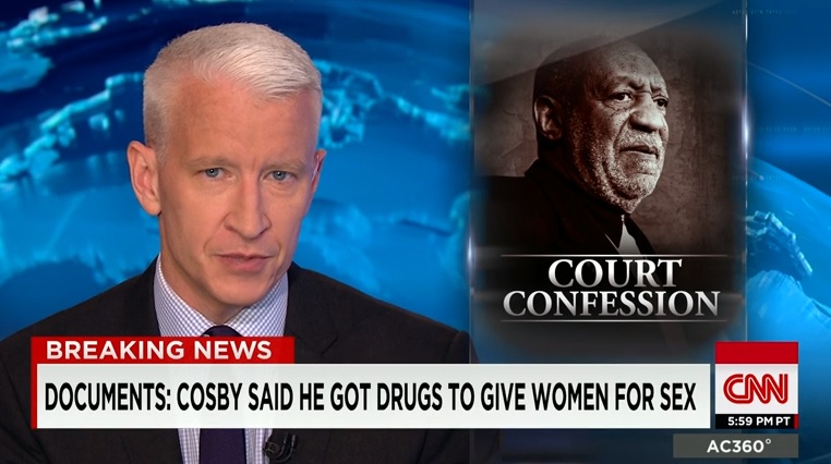미국 유명 코미디배우 빌 코스비가 성폭행을 위해 여성이 약을 먹게 했다고 인정한 법정 기록을 보도하는 CNN 뉴스 갈무리.