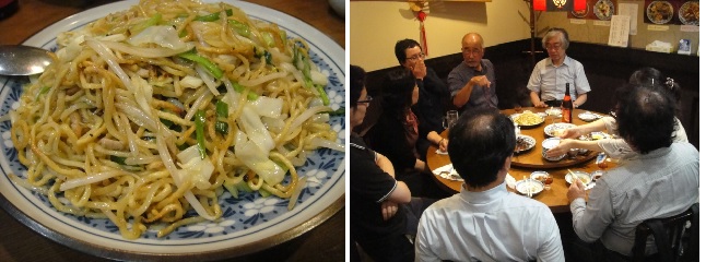 　　야키소바, 메밀국수 볶음입니다. 일본에서 먹을 수 있는 대표적인 중국 먹거리입니다. 오른쪽 사진 한 가운데 흰옷을 입은 사람이 류코쿠대학 법학부 와키타(脇田 滋) 선생님입니다.