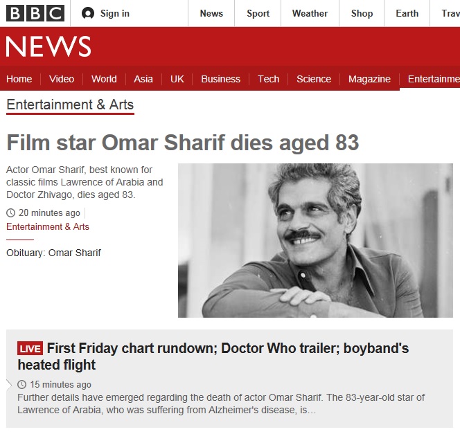 영화배우 오마 사리프의 사망을 보도하는 BBC 뉴스 갈무리.