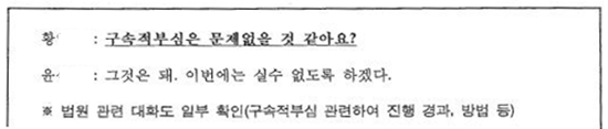 박근혜 대통령의 친인척 윤아무개씨가 5000만 원을 받고 황아무개씨의 구명을 도왔다는 의혹이 제기됐다. 지난 2013년 5월 황씨가 통영지청에서 구속돼 구치소에 있을 당시 윤씨가 찾아와 접견한 것을 검찰이 녹취한 자료. 