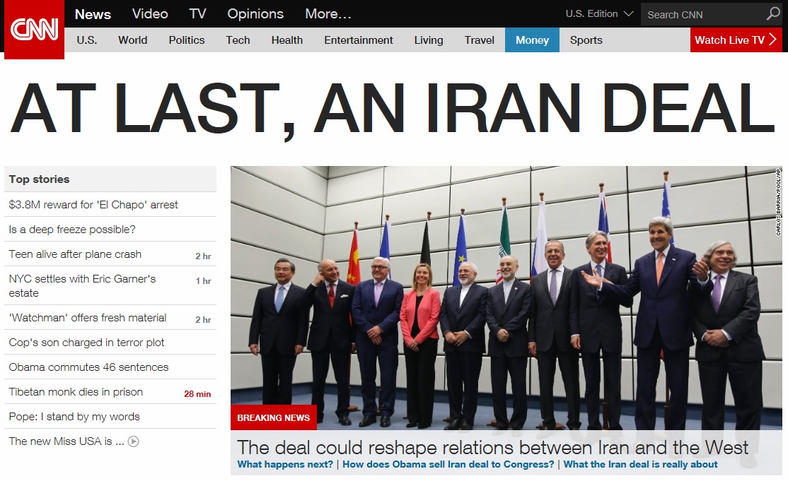 이란 핵 협상 타결을 머리기사로 보도하는 CNN 뉴스 갈무리.