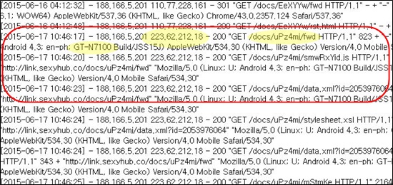  해킹 팀의 안드로이드폰 해킹에 쓰인 보안공격 서버의 액세스로그파일의 일부. 접속 대상 피싱 URL은 국정원 아이디 데빌엔젤이 주문한 것으로, 접속자 IP 223.62.212.18은 SKT에 할당된 국내용 IP로 확인됐다. 