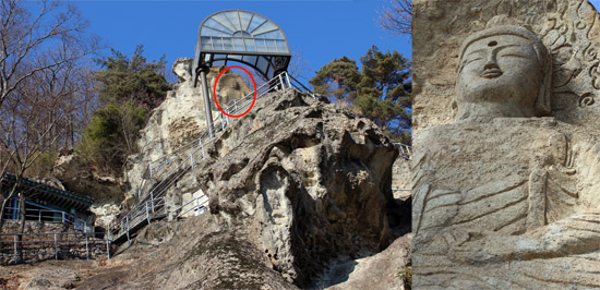 골굴사 중 대표적인 답사지가 바로 마애불이다. 왼쪽 사진의 붉은 동그라미 지점에 마애불이 있어 가파른 절벽을 올라가야 볼 수 있다. 오른쪽 사진은 가까이에서 본 마애불. 국가 지정 보물이다.