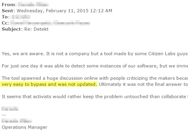 해킹으로 유출된 자료에서 해킹 팀은 지난 2월 디텍트를 겨냥한 RCS 보완을 이미 완료했다는 사실을 알리며 "스파이웨어가 디텍트를 통과하는 건 아주 쉬웠고, 이후 디텍트는 업데이트 되지 않았다"고 전했다. 