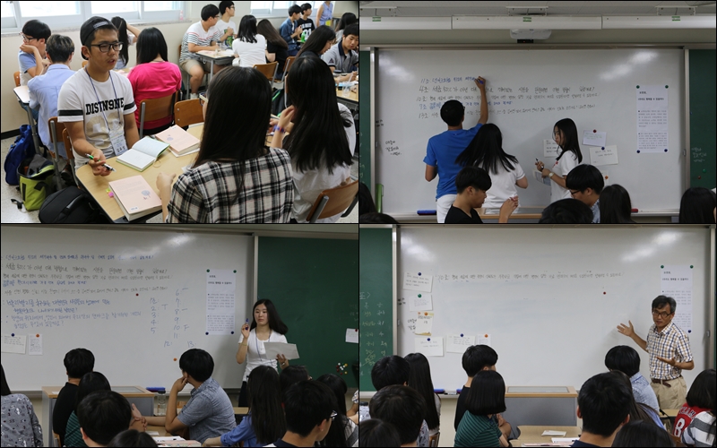 '인천 청소년 인문학 토론대회'는 비경쟁적 토론방식으로 진행됐다. 학생들이 저자와 함께 질문을 만들기 위해 토론하고, 모으고, 투표하고, 답하고 있다. 
