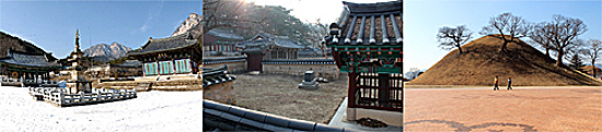 (왼쪽) 9산선문의 한 곳인 봉암사 (가운데) 최치원이 나라를 개혁할 수 있는 방안을 써서 진성여왕에게 제출했던 상서장 (오른쪽) 봉황대