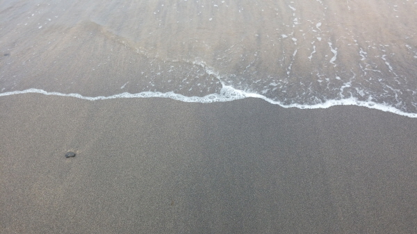 이호테우해변의 검은색 모래에 와 닿는 바다의 포말