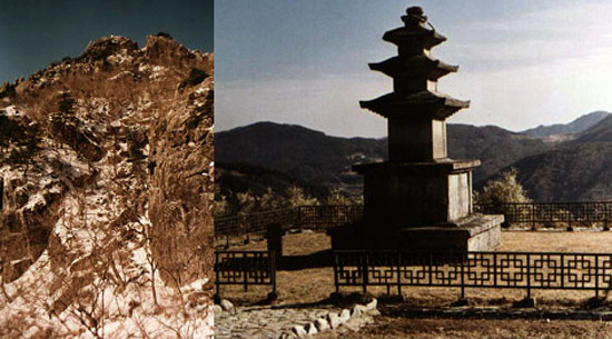 가야산의 정상 칠불봉(사진 왼쪽)으로 올라가기 위해 수륜면에서 가야산야생화식물원으로 달리다 보면 길가에 홀로 서서 멀리 아래를 바라보고 있는 석탑 1기를 만나게 된다. 사진 오른쪽의 법수사터 삼층석탑이다.