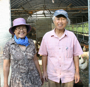 바보숲 농원'의 주인 부부(홍일선 시인과 부인 임은희 여사)가 닭장 앞에서 활짝 웃고 있다. 그들이 바로 성자다.