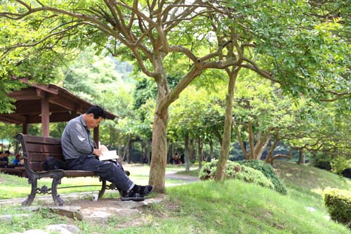 청풍쉼터를 찾은 한 시민이 나무의자에 앉아 책을 읽고 있다. 지난 4일 한낮 모습이다.