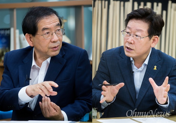 박원순 서울시장과 이재명 성남시장이 지난해 오마이뉴스 팟캐스트에 출연해 토론하고 있다.