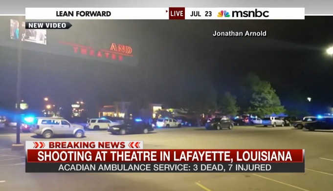 미국 루이지애나주 영화관에서 발생한 총기난사 사건을 보도하는 NBC 뉴스 갈무리.