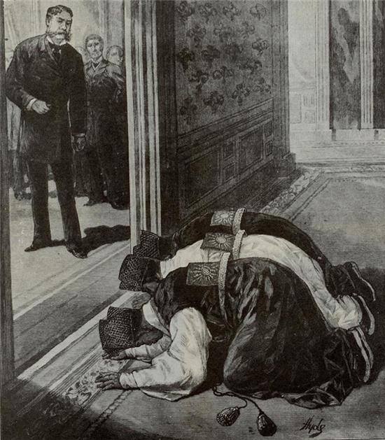 1883년 9월 미국 대통령인 아서를 접견한 사절단 보빙사(민영익 등 8명)가 절을 하는 모습 