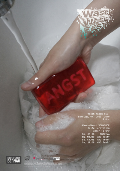 'Wasch Wasch FEST-빨래 프로젝트' 포스터 빨간 비누안에 독일어로 Angst(불안)라는 글자가 들어가 있다.