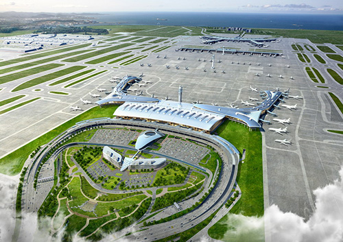  2018년 개장을 목표로 현재 공사 중인 인천국제공항 제2여객터미널 조감도. 제2여객터미널 맞은편이 현재 사용 중인 제1국제여객터미널이다.  