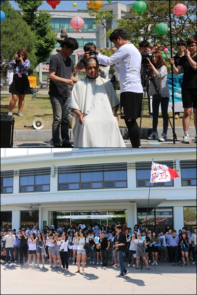 김건중 동국대학교 부총학생회장이 '보광스님 사퇴'를 외치며 삭발을 하고있다. 200여 명의 학생들이 삭발식에 참석해 눈물바다를 이루었다.