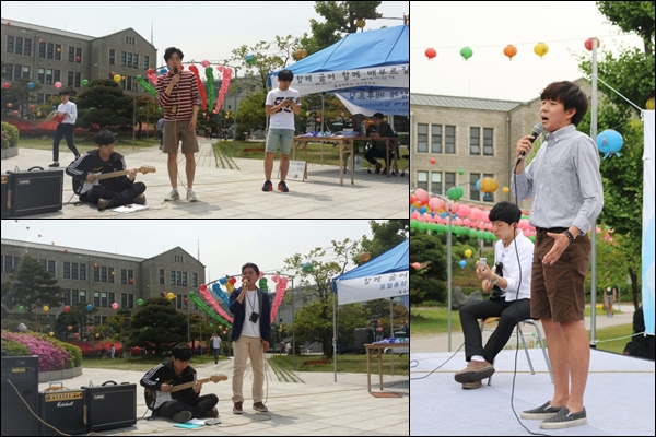 동국대학교 사회과학대 밴드 '마구만'의 회원들이 문화제에 참석해 밴드 공연을 하고있다. 왼쪽의 두 사진은 6명이 참석한 5월 4일 문화제 사진이고, 오른쪽 사진은 500명이 참석한 6월 4일 성토대회 사진이다.