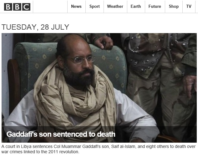 리비아 법원이 사이프 알 이슬람 사형 선고를 보도하는 BBC 뉴스 갈무리.